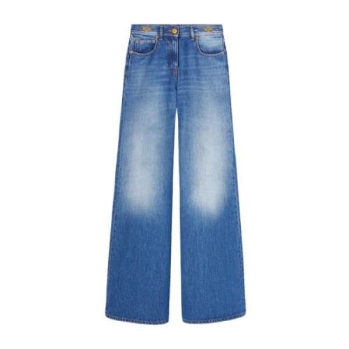 Versace Indigo Blå Jeans med Guld-Tone Logo Blue, Dam