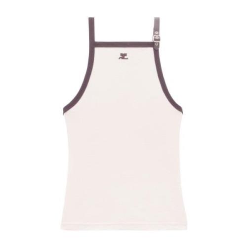 Courrèges Beige Bomull Tank Top med Kontrasterande Logo och Axelband D...