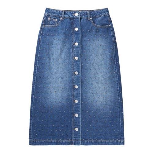 Munthe Elegant Midilång Jeanskjol med Pärldetaljer Blue, Dam