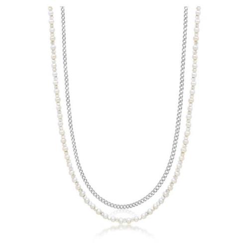 Nialaya Silver Necklace Layer with 3mm Cuban Link Chain and Pearl Neck...