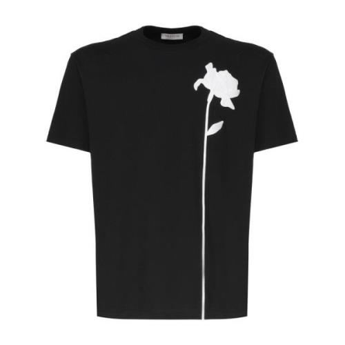 Valentino Garavani Svart bomull T-shirt med blomsterbroderi Black, Her...
