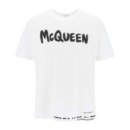 Alexander McQueen T-shirt med Graffiti Print och Bokstäver White, Herr