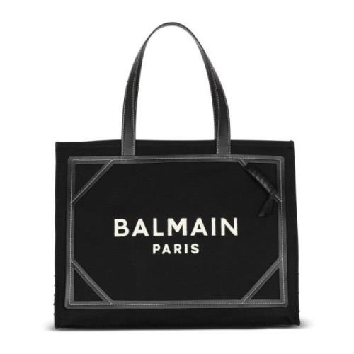 Balmain 42 monogrammönstrad canvas och slät lädertoteväska Black, Dam