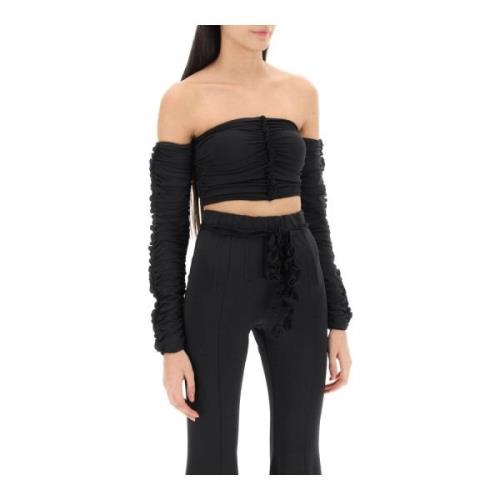 Rotate Birger Christensen Glänsande Off-Shoulder Rynkad Crop Top Black...