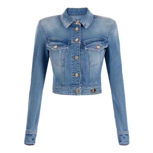 Elisabetta Franchi Kort Denimjacka med Strukturerade Axlar Blue, Dam