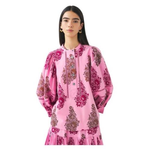 Antik Batik Puff ärm tryck blus Muguet Pink, Dam