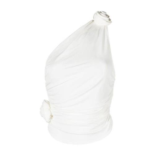 Magda Butrym Vit Draperad One-Shoulder Topp med 3D Ros Detalj White, D...