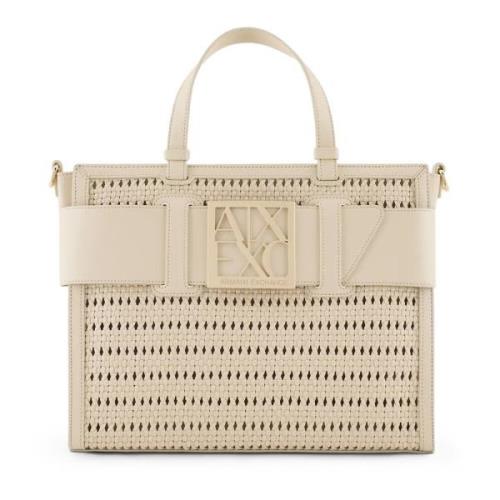 Armani Exchange Beige Straw Toteväska med Logo Beige, Dam