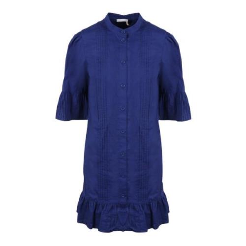 See by Chloé Volang Plisserad Skjortklänning Blue, Dam