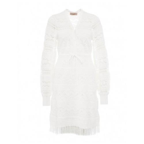 Twinset Kort Spetsklänning med Fransar White, Dam