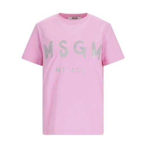 Msgm Rosa Glitter Logo T-shirt Pink, Dam