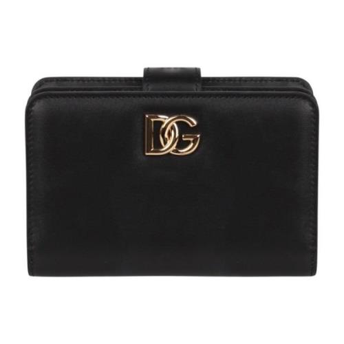 Dolce & Gabbana Slät kalvskinn plånbok med gyllene dragkedja Black, Da...