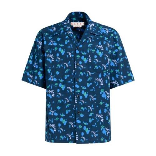 Marni Kortärmad Bowling Skjorta med Dripping-Print Blue, Herr