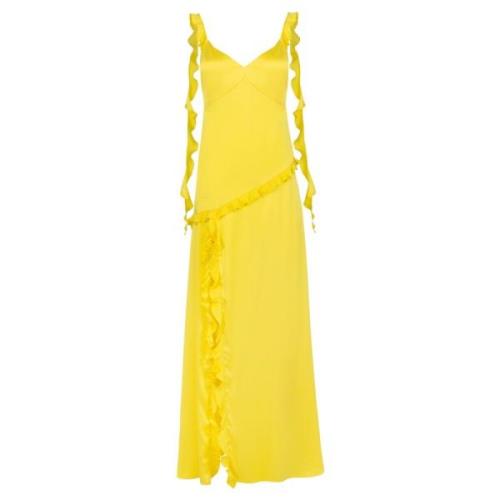 Jaaf Lång silkesklänning med volanger i Citrongul Yellow, Dam