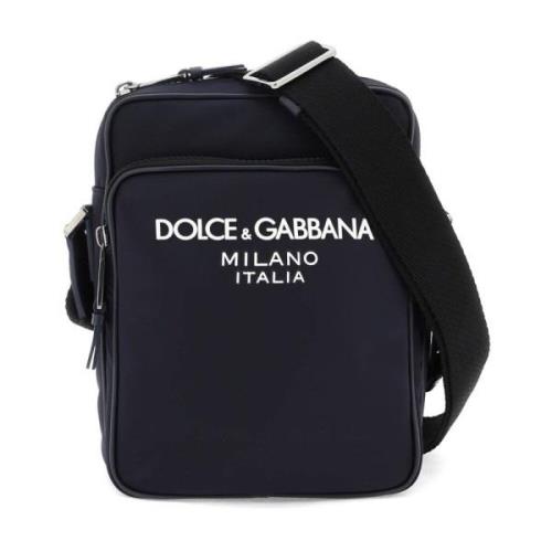 Dolce & Gabbana Gummibelagt Logotyp Nylon Crossbody Väska Blue, Herr