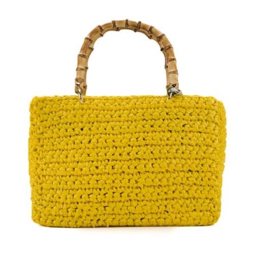 Chica London Rafia Shopper Väska med Bambuhandtag Yellow, Dam