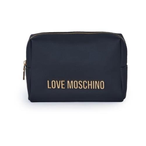 Love Moschino Svart Eco-Läder Necessaire med Guld Metall Logo Black, D...