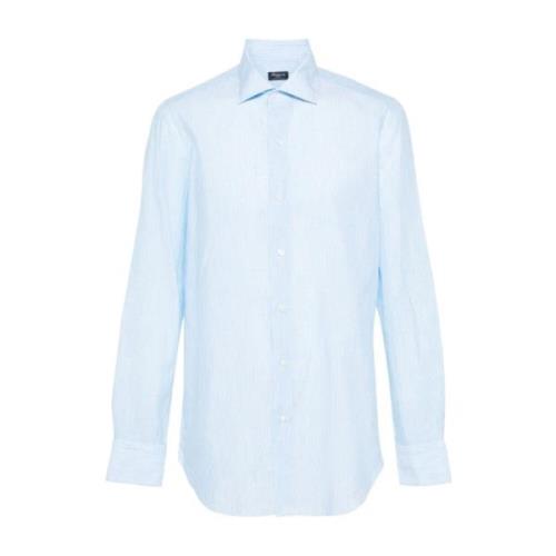 Finamore Blå och vit randig linne-bomullsskjorta Blue, Herr