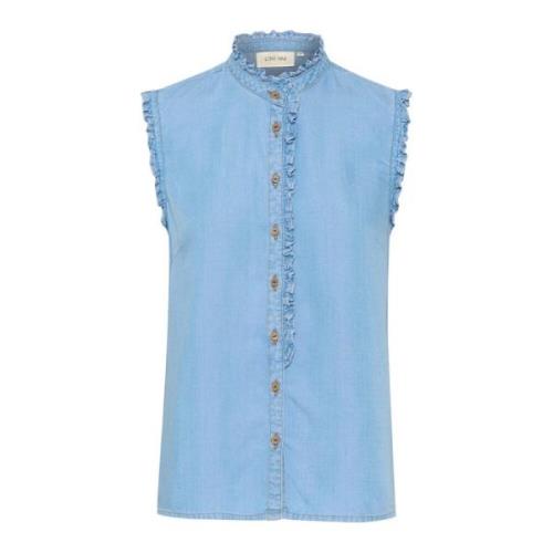Cream Ljusblå Denim Skjorta med Ruffle Detaljer Blue, Dam