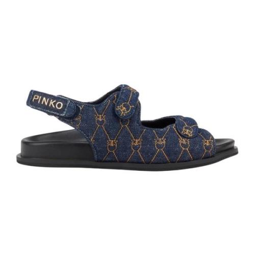 Pinko Blå Logo Sandal Öppen Tå Broderad Blue, Dam