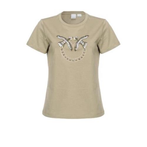 Pinko Love Birds Rhinestone T-shirt Beige, Dam