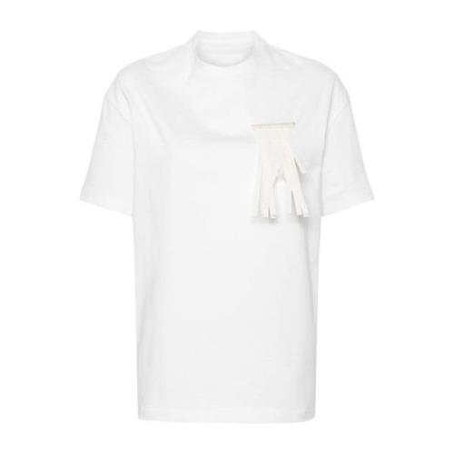 Jil Sander Vit Bomull Jersey T-shirt med Fransad Brosch White, Dam
