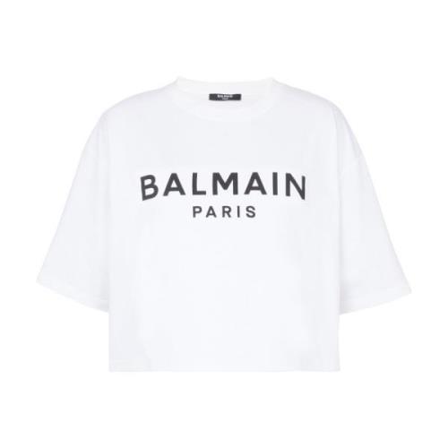 Balmain Beskuren bomullst-shirt med logotyptryck White, Dam