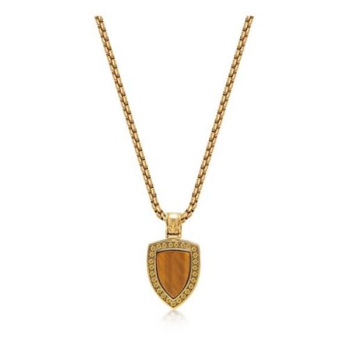 Nialaya Gold Necklace with Brown Tiger Eye Shield Pendant Yellow, Herr