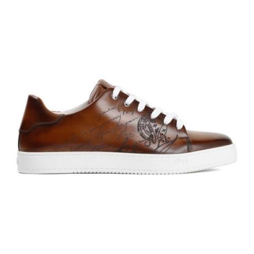 Berluti Brun Läder Sneakers Rund Tå Brown, Herr