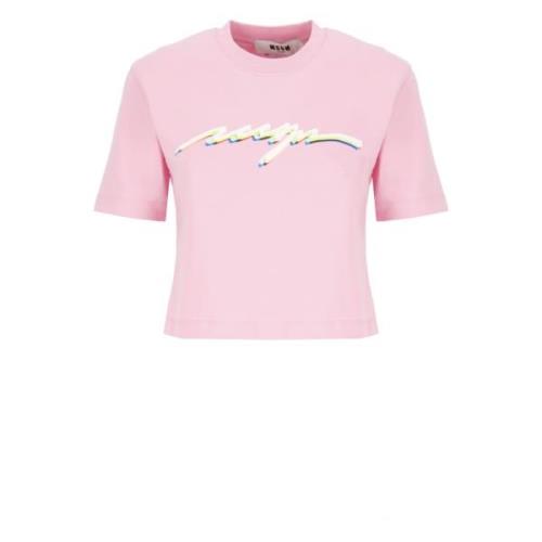 Msgm Rosa Bomull T-shirt Rund Hals Logo Pink, Dam