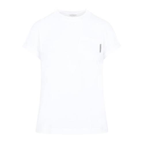 Brunello Cucinelli Vit T-shirt med Monili Tab-ficka White, Dam