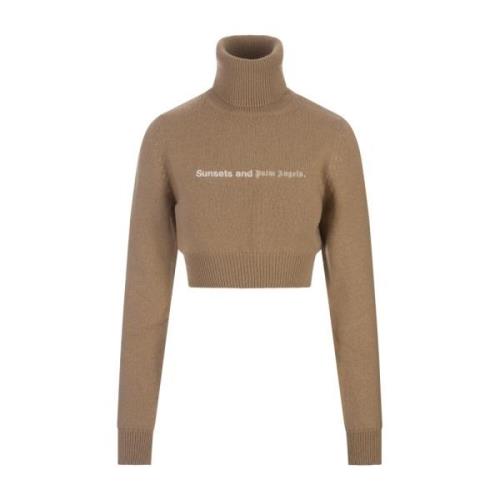 Palm Angels Brun Crop Turtleneck Sweater med Slogan Brown, Dam