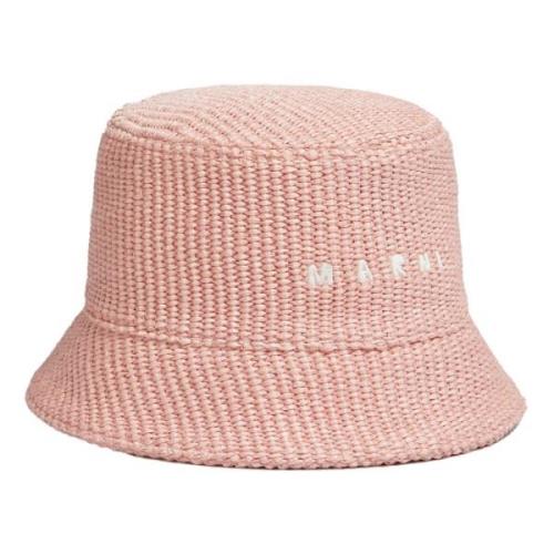 Marni Raffia bucket hatt med logobroderi Pink, Dam