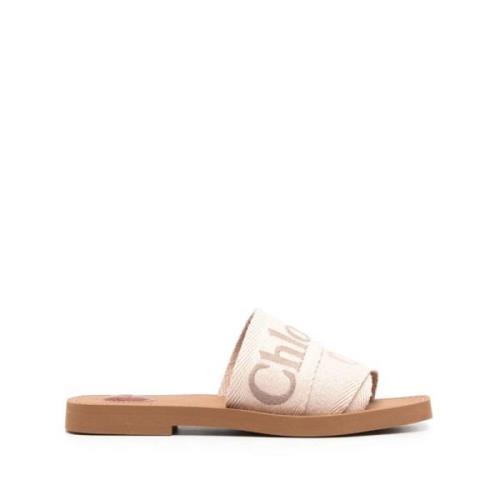 Chloé Beige Logo-Broderade Slip-On Sandaler Beige, Dam