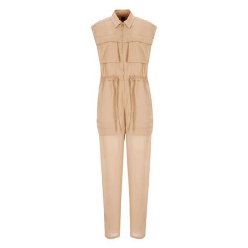 Pinko Brun Satin Jumpsuit Krage Ärmlös Fickor Brown, Dam