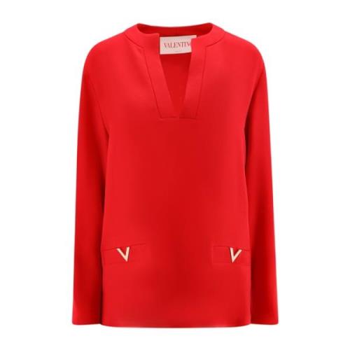 Valentino Röd Silke V-ringad Skjorta Aw24 Red, Dam