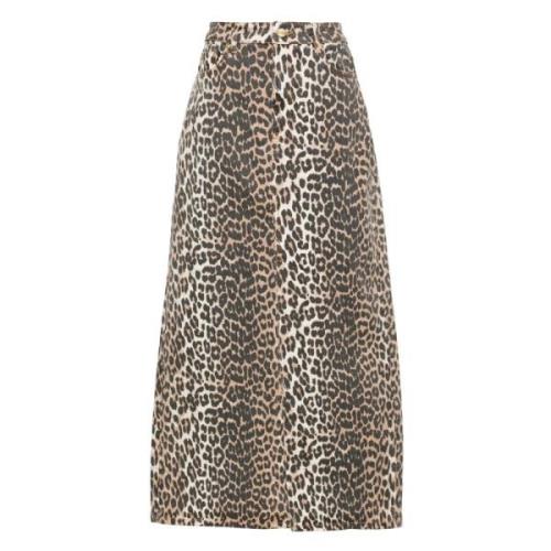 Ganni Leopard-Print Denim Midi Kjol Brown, Dam