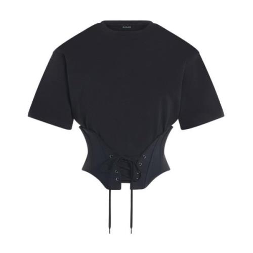 Mugler Svart Bomull T-shirt med Korsettdetaljer Black, Dam