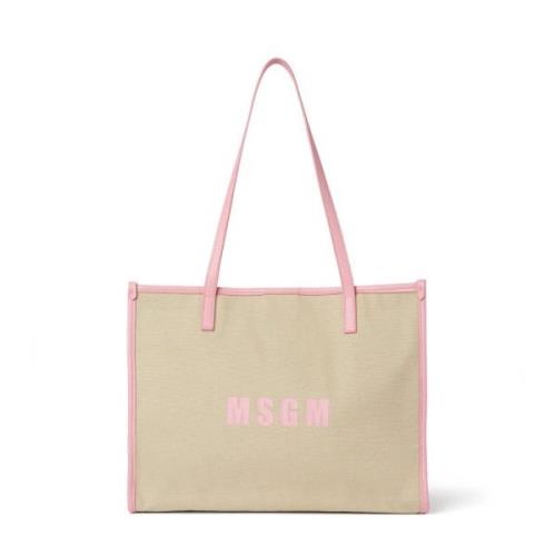 Msgm Canvas Toteväska med Tryckt Logotyp Beige, Dam