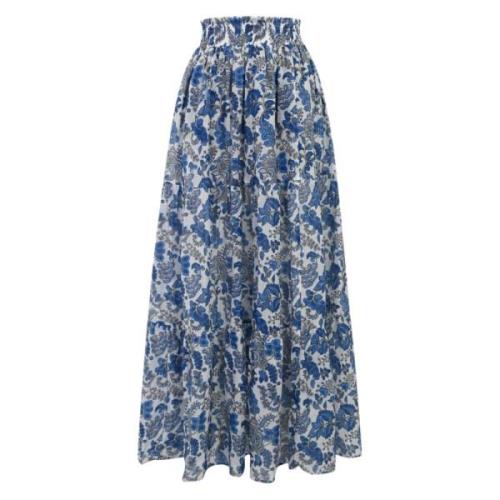MC2 Saint Barth Blommig silke lång kjol volang design Blue, Dam