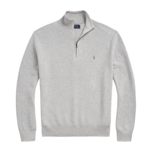 Polo Ralph Lauren Ljusgrå Mesh-Stickad Bomull Quarter-Zip Sweater Gray...