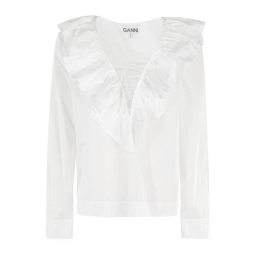 Ganni Ruffle V-ringad Blus White, Dam