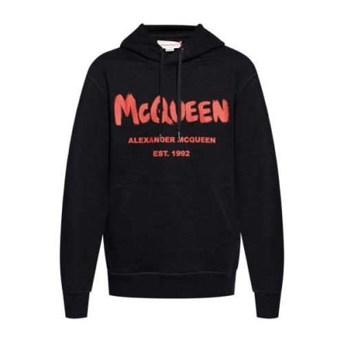 Alexander McQueen Svart Logotyp Tryckad Huvtröja Black, Herr