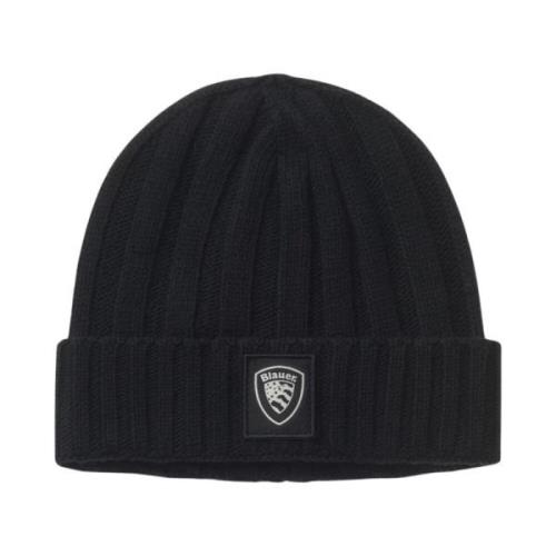 Blauer Ull Ribbstickad Beanie Mössa Black, Herr