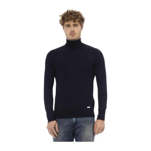 Baldinini Blå Ribbad Turtleneck Ulltröja Blue, Herr