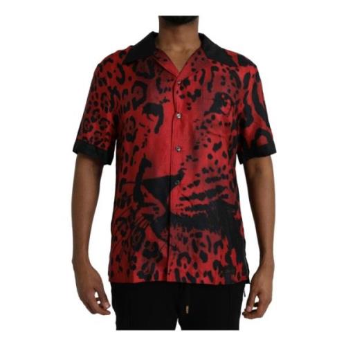 Dolce & Gabbana Röd Leopard Silke Knapp Ned Skjorta Multicolor, Herr