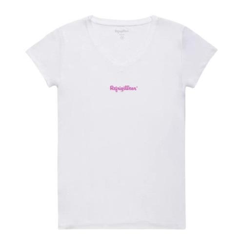 RefrigiWear Vit V-ringad Logo Tryckt T-shirt White, Dam