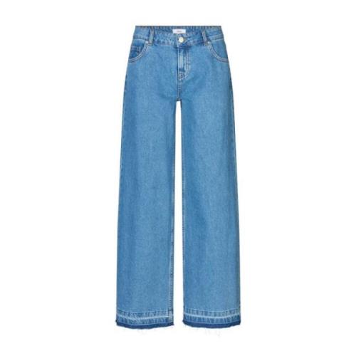 Envii Mid Blue Wide Leg Jeans med Rå Kant Blue, Dam
