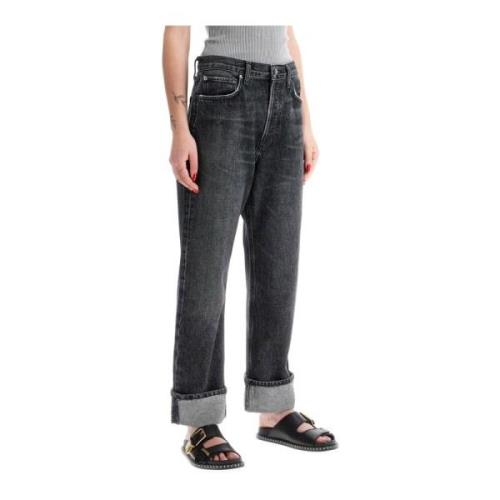 Agolde Svart Sliten Denim Straight Leg Jeans Black, Dam