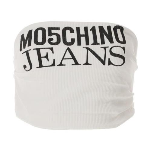Moschino Logo Top Crop Print Vit Ribbad White, Dam